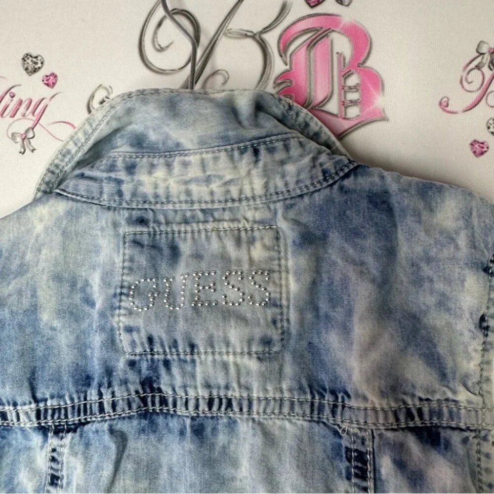 Guess dress high low denim look vest button up with floral skirt attached y2k